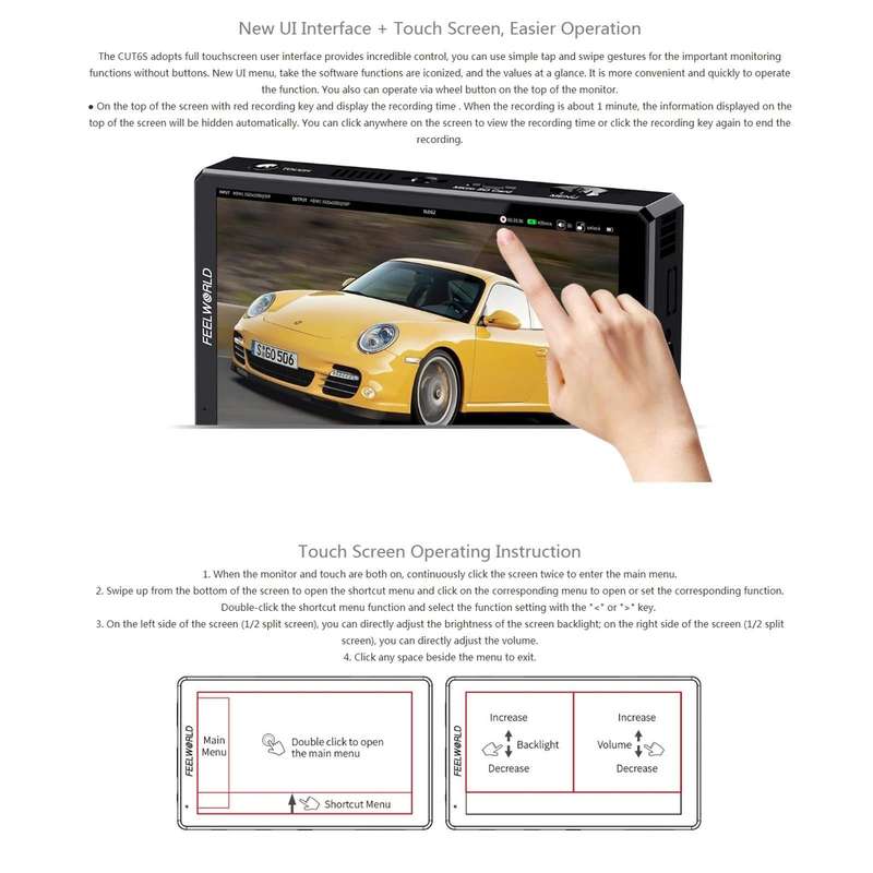 FEELWORLD CUT6S 6-inch Touch Screen Monitor Recorder FHD IPS 4K HDMI 3G-SDI Camera Field Monitor ...