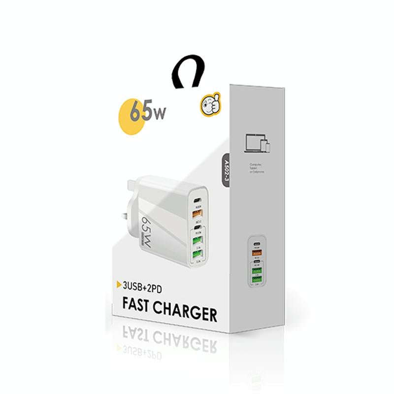 65W Dual PD Type-C + 3 x USB Multi Port Charger for Phone and Tablet PC, UK Plug(White)