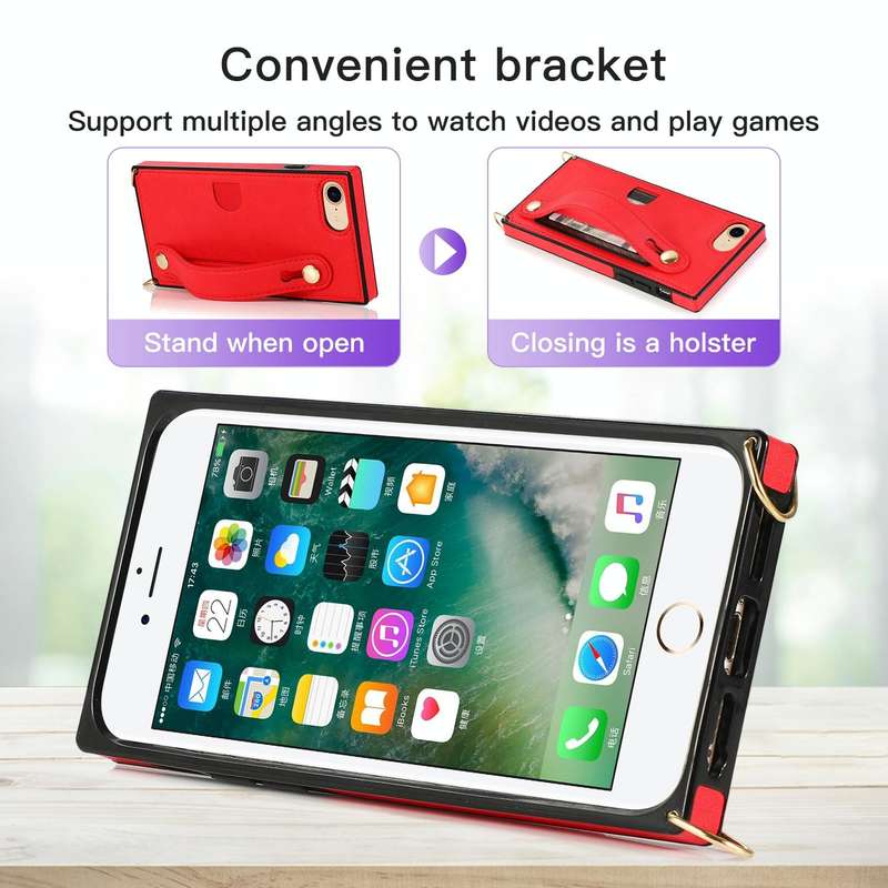 For iPhone 7 / 8 / SE 2020 Wrist Strap PU+TPU Shockproof Protective Case with Crossbody Lanyard &...