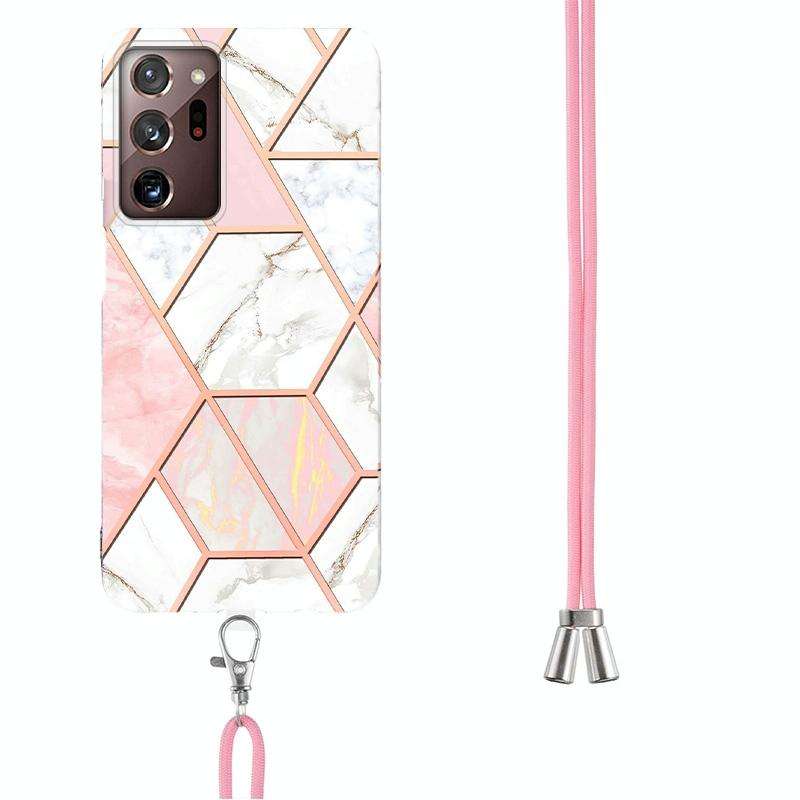 For Samsung Galaxy Note20 Ultra Electroplating Splicing Marble TPU Phone Case with Lanyard(Pink W...