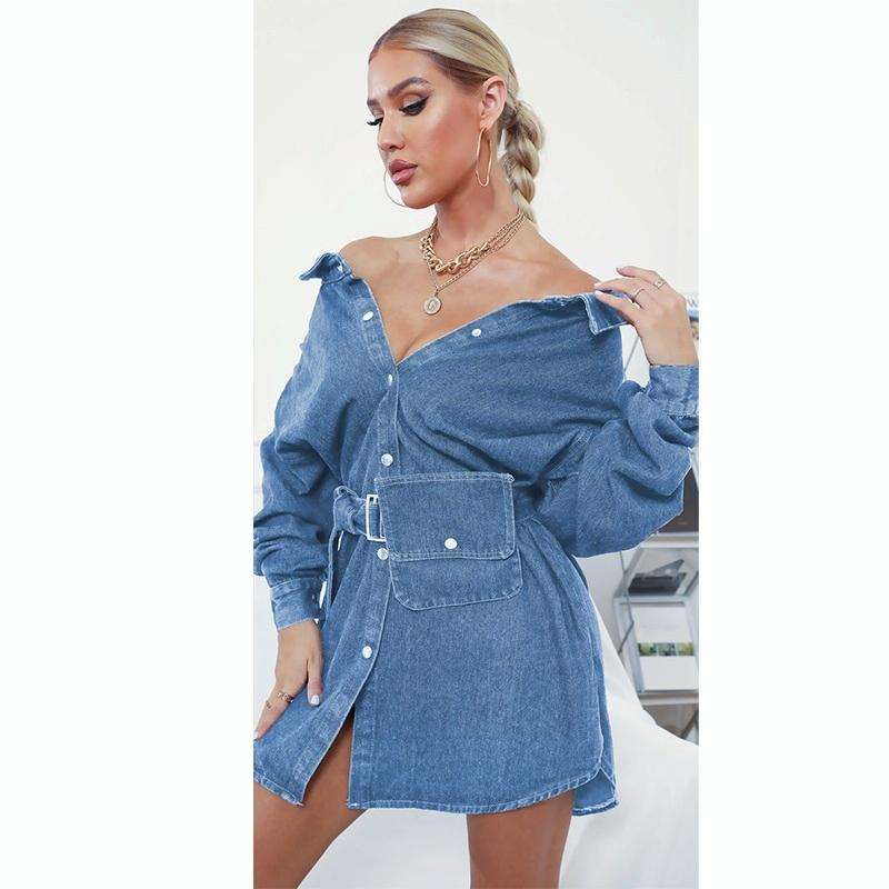 Women Neckline Retro Bag Denim Skirt (Color:Blue Size:Free Size)