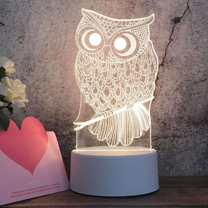 White Base Creative 3D Tricolor LED Decorative Night Light, Button Plug Version, Shape:Owl(White-...