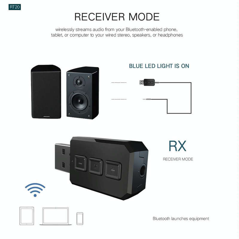 RT02 USB Bluetooth Audio Adapter Receives Transmits 2-in-1 Bluetooth 5.0 Hands-free Talk Car Blue...