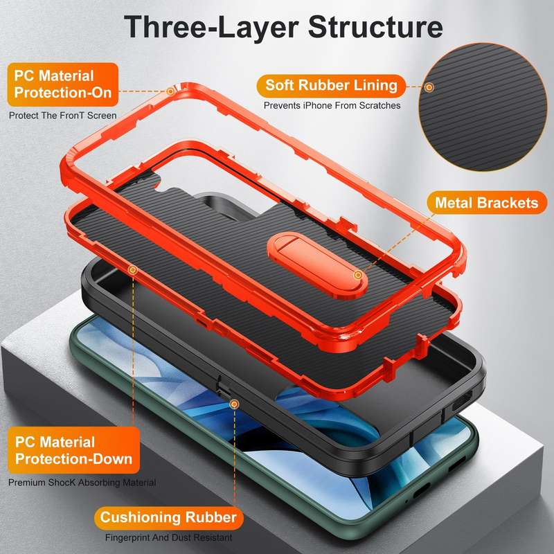 For Samsung Galaxy S22 5G 3 in 1 Rugged Holder Phone Case(Black+Orange)
