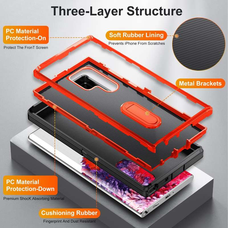 For Samsung Galaxy S22 Ultra 5G 3 in 1 Rugged Holder Phone Case(Black+Orange)