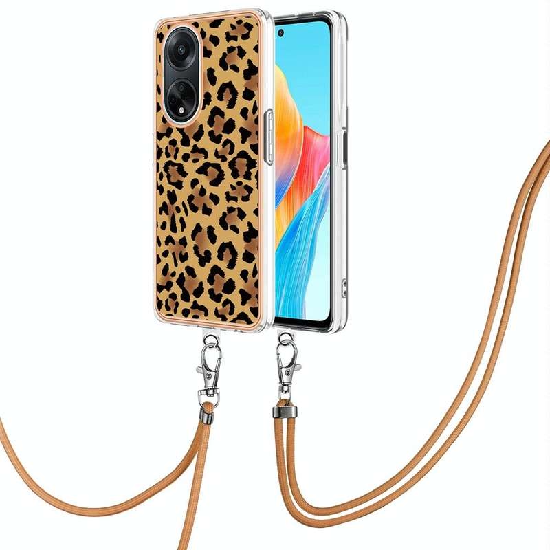 For OPPO A98 Electroplating Dual-side IMD Phone Case with Lanyard(Leopard Print)