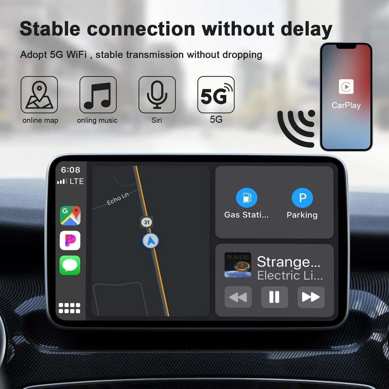 USB + USB-C / Type-C Wired to Wireless Carplay Adapter for iPhone(Black)
