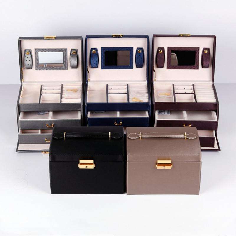 PU Leather Three-Layer Jewelry Box Necklace Storage Display Packaging Box With Handle( Dark Blue)