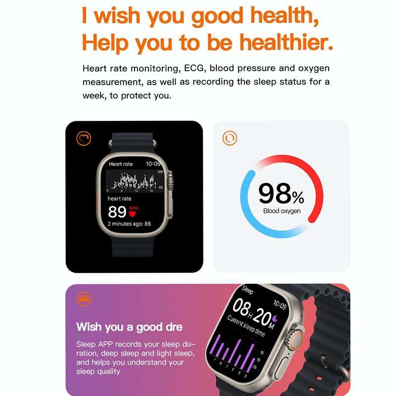 T800 Ultra 1.99 inch Ocean Silicone Band Smart Watch Support Heart Rate / ECG (Orange)