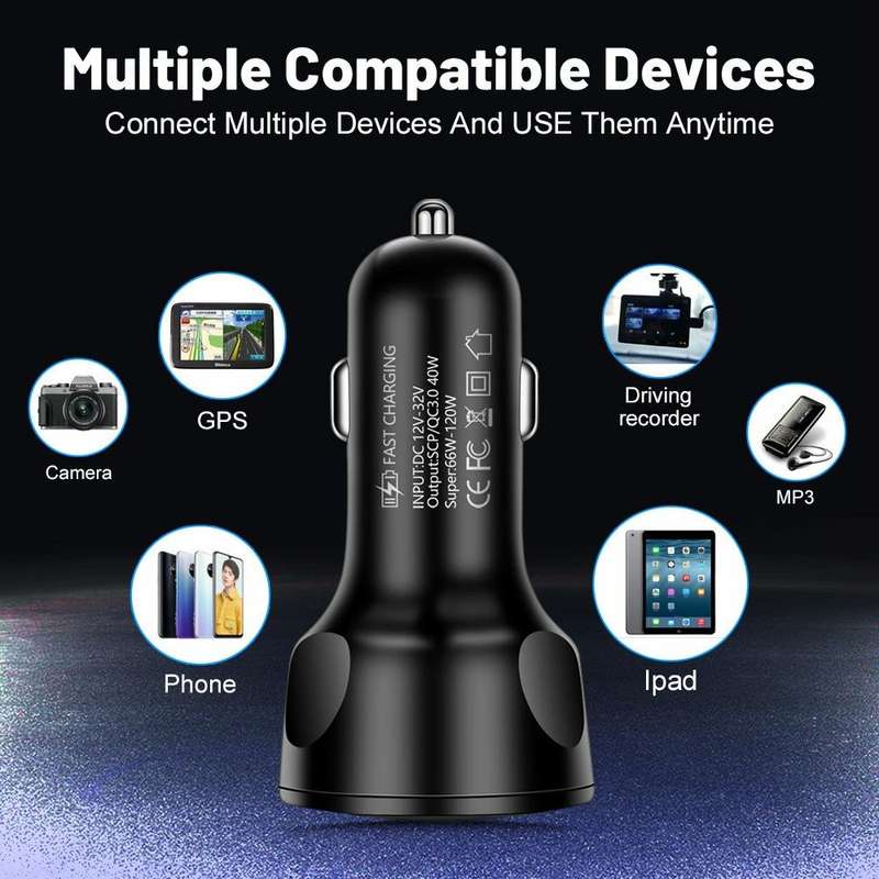66W 4 in 1 Digital Display Fast Charging Car Charger with Voltmeter (Black)