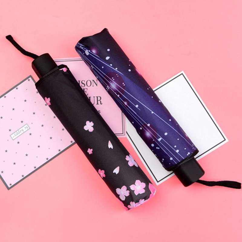 Lightweight Portable Three Folding Folding Umbrella, Black Waterproof Anti-UV, K Pattern
