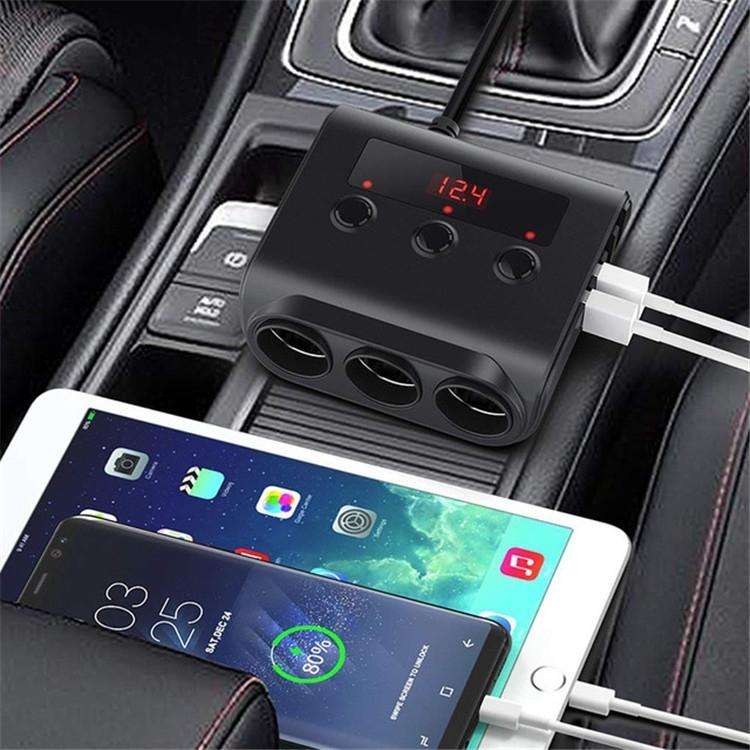 TR12 3 in 1 100W 4USB Car Cigarette Lighter with Switch Voltage Display(Black Red)