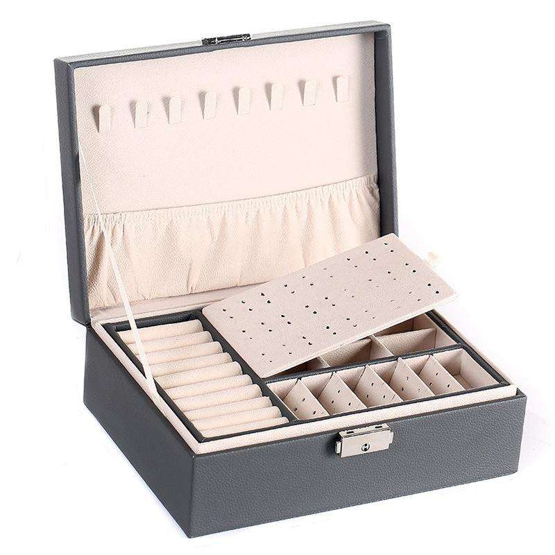 Simple Double-Layered Wooden Leather Jewelry Box With Lock Earrings Jewelry Box(Gray)