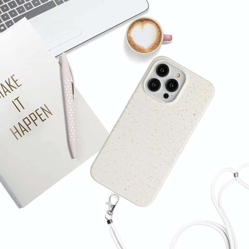 For iPhone 14 Pro Max Wheat Straw Material Degradable TPU Phone Case with Lanyard(White)