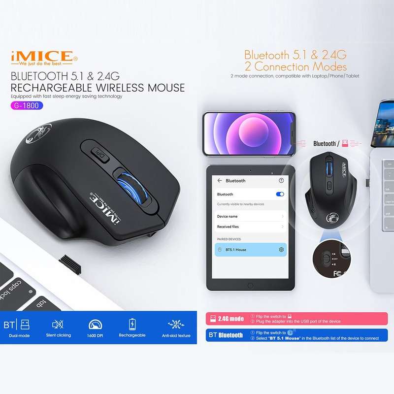 iMICE G-1800 Rechargeable 4 Buttons 1600 DPI 2.4GHz & Bluetooth Silent Wireless Mouse for Compute...