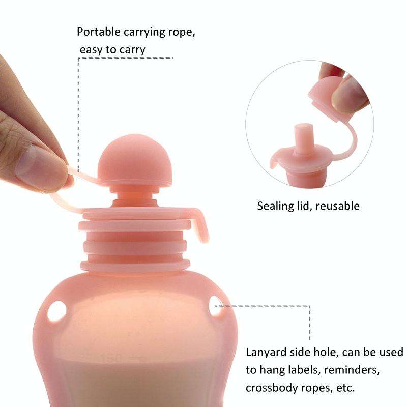 150ml Reusable Silicone Baby Food Pouches Refillable Squeeze Storage Containers(Pink)