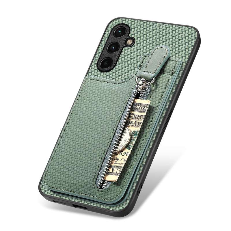 For Samsung Galaxy A14 5G Carbon Fiber Vertical Flip Zipper Wallet Phone Case(Green)