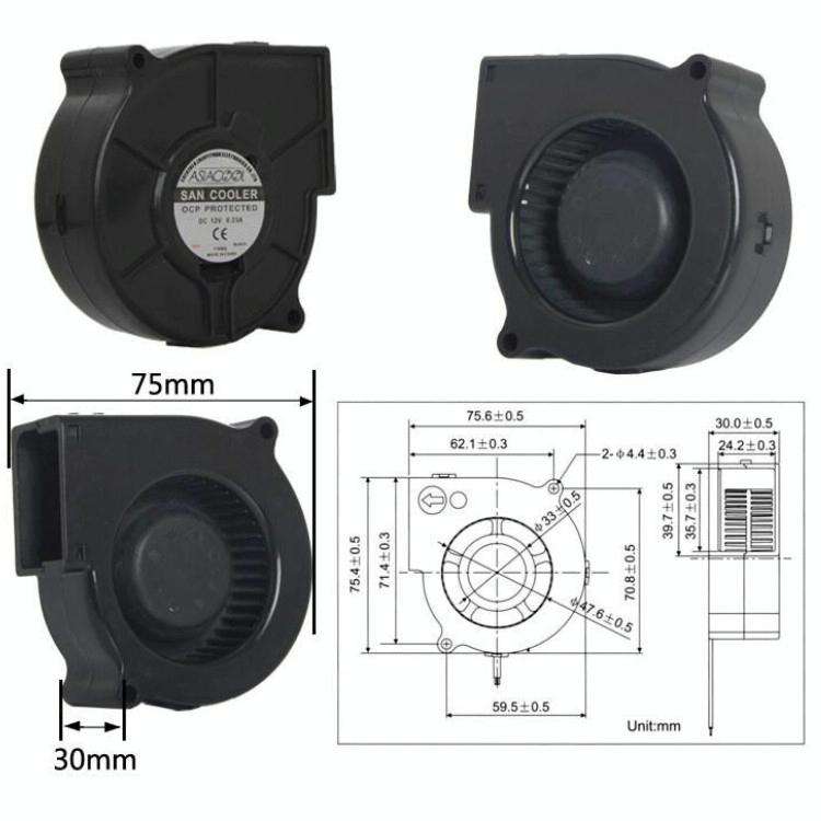 ASIACOOL Silent Turbo Blower Fan, Specification:7530 12V