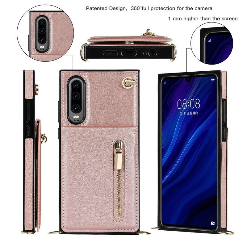 For Huawei P30 Cross-body Zipper Square TPU+PU Back Cover Case with Holder & Card Slots & Wallet ...