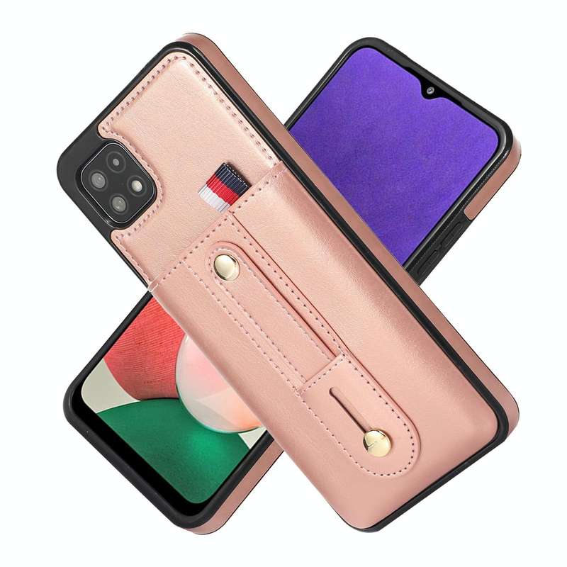 For Samsung Galaxy A22 5G Wristband Kickstand Wallet Leather Phone Case(Rose Gold)