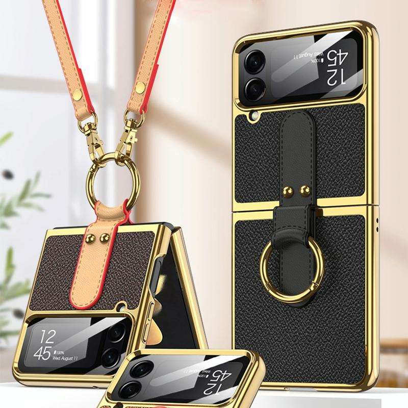 For Samsung Galaxy Z Flip4 GKK Plating + Leather Phone Case with Ring & Strap(Gold)