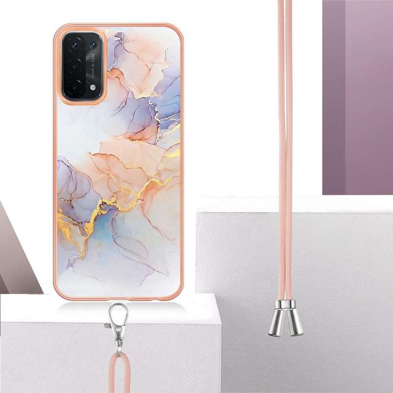 For OPPO A74 5G / A93 5G Electroplating IMD TPU Phone Case with Lanyard(White Marble)