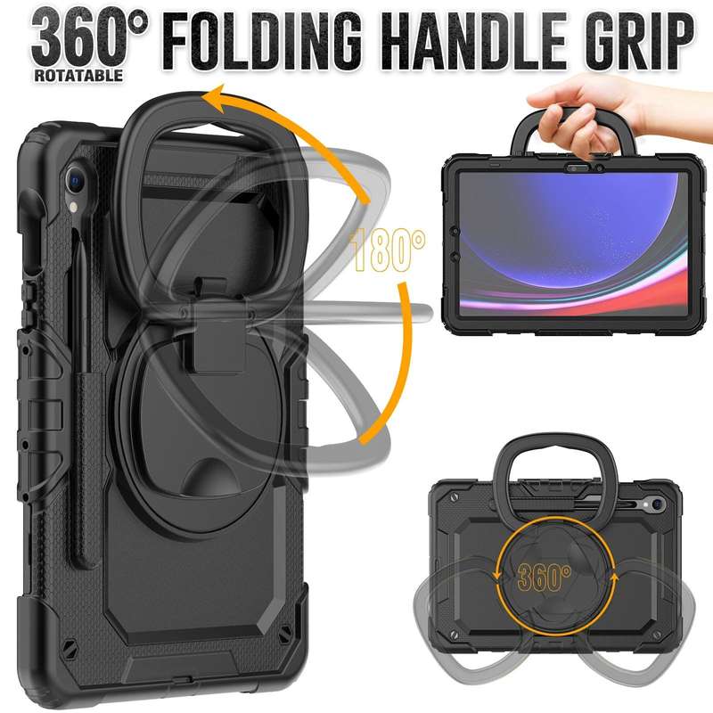 For Samsung Galaxy Tab S9 D Type Silicone Hybrid PC Tablet Case with Handle Holder(Black)