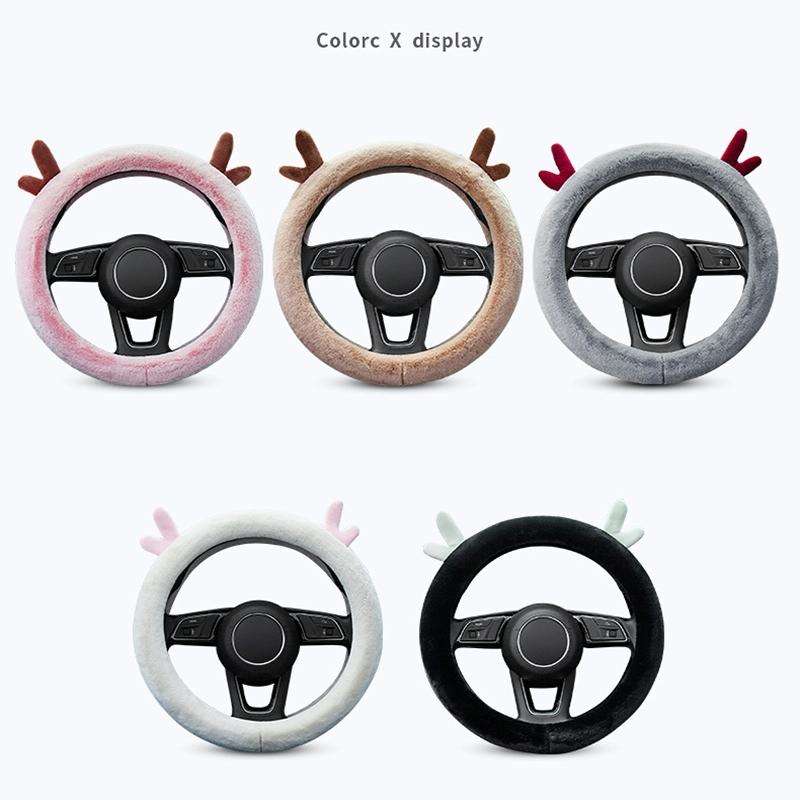 Antler Thick Plush Steering Wheel Cover, Style: O Type (Pink)