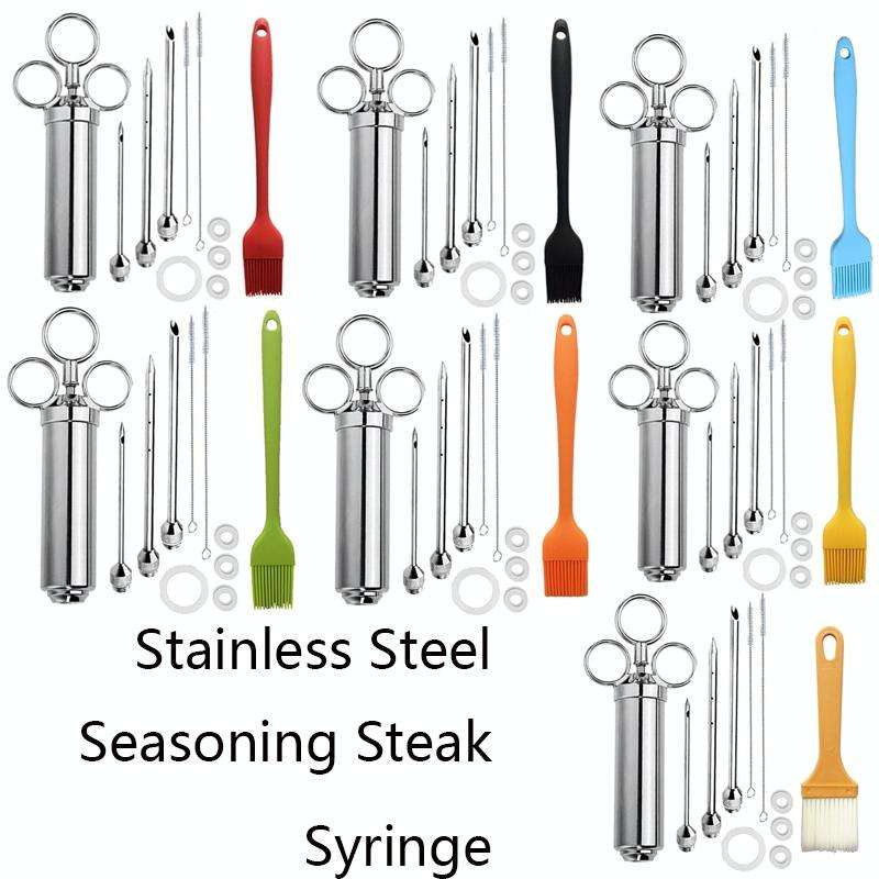 Stainless Steel Seasoning Steak Syringe Turkey Needle Set With Cleaning Silicone Brush(Blue)