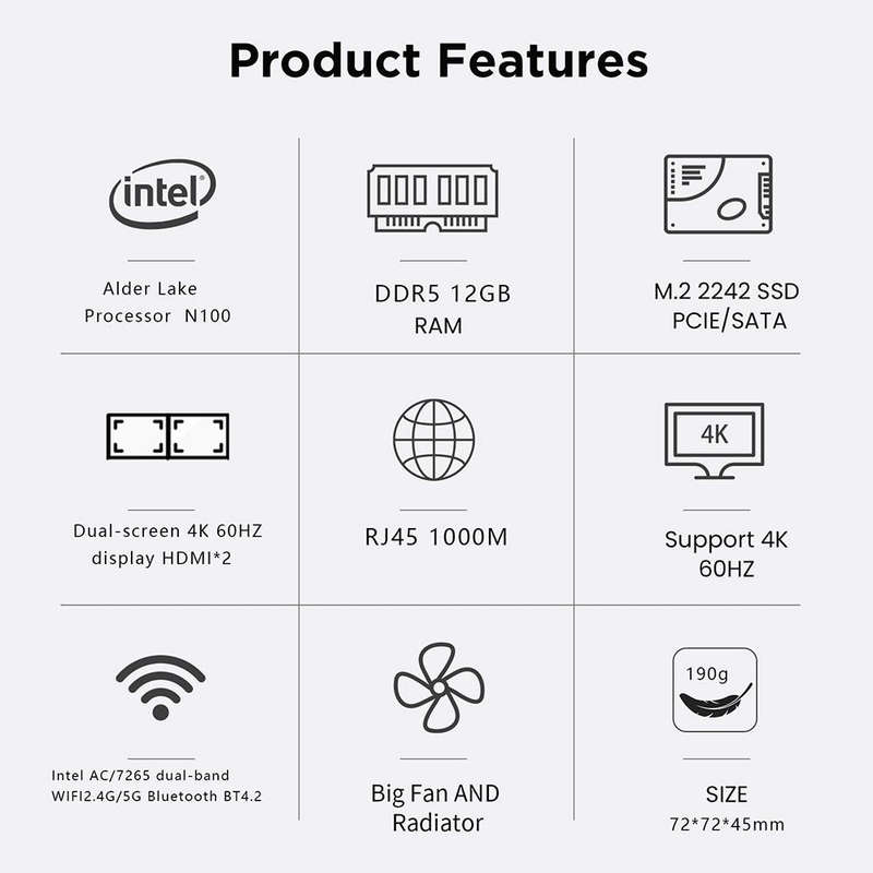 N100/DDR5 12th AlderLake-N100 Dual 4K60Hz Office And Home Mini PC, Spec: 12G+128G /EU Plug