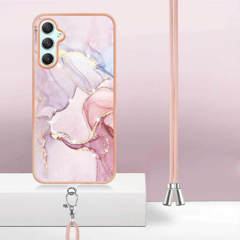 For Samsung Galaxy A24 4G Electroplating Marble Dual-side IMD Phone Case with Lanyard(Rose Gold 005)