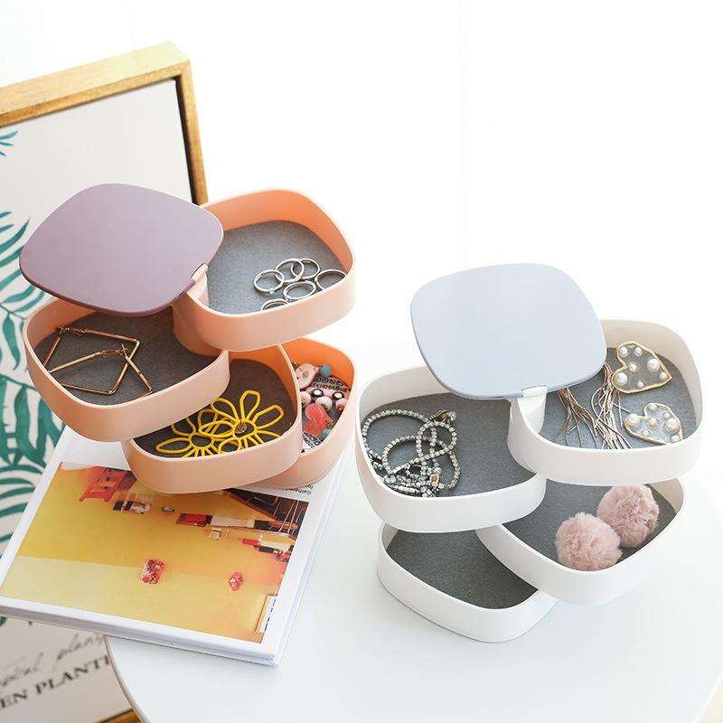 Desktop Contrast Color Multi-layer Jewelry Box With Mirror Rotating Storage Box(White Gray)