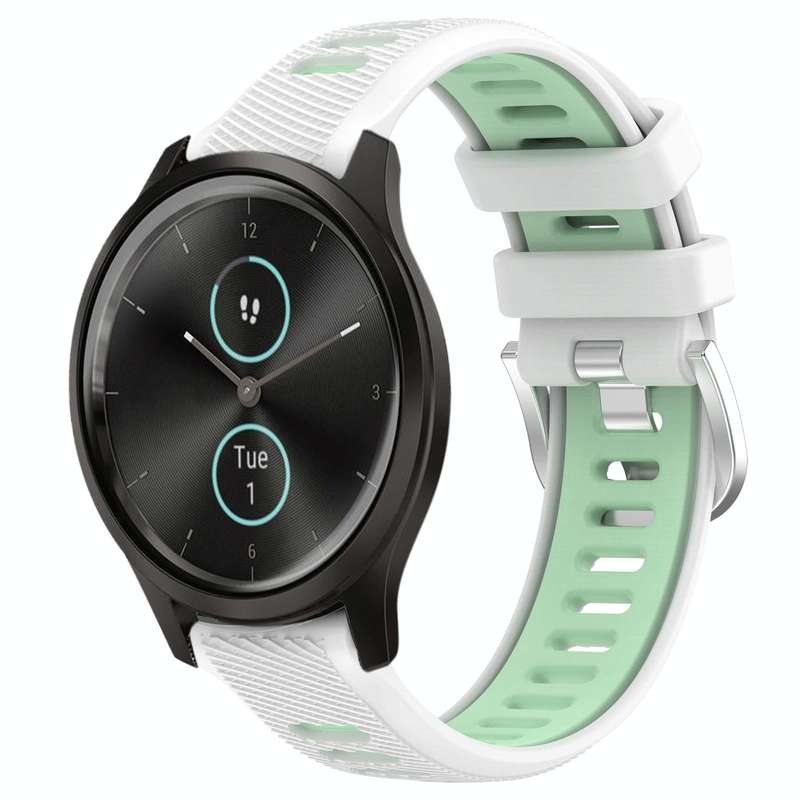 For Garmin VivoMove Style 20mm Sports Two-Color Steel Buckle Silicone Watch Band(White+Teal)