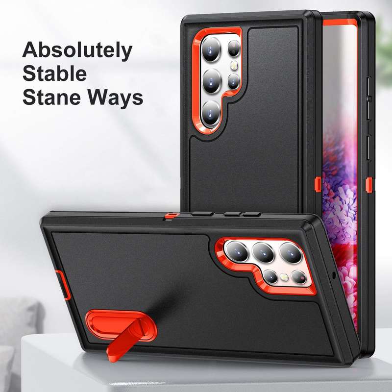 For Samsung Galaxy S22 Ultra 5G 3 in 1 Rugged Holder Phone Case(Black+Orange)