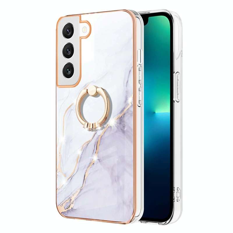 For Samsung Galaxy S22 Electroplating Marble IMD TPU Phone Case with Ring Holder(White 006)