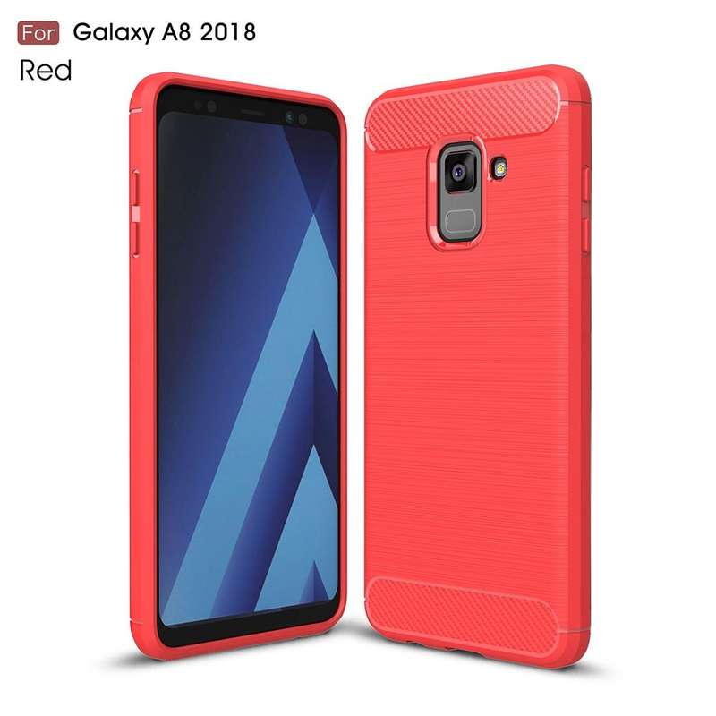 For Galaxy A8 (2018) Brushed Texture Carbon Fiber Shockproof TPU Protective Back Case (Red)