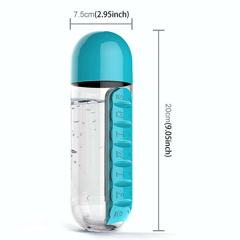 600ML Plastic Water Bottle with Daily Pill Box Organizer Drinking Bottles(Blue)