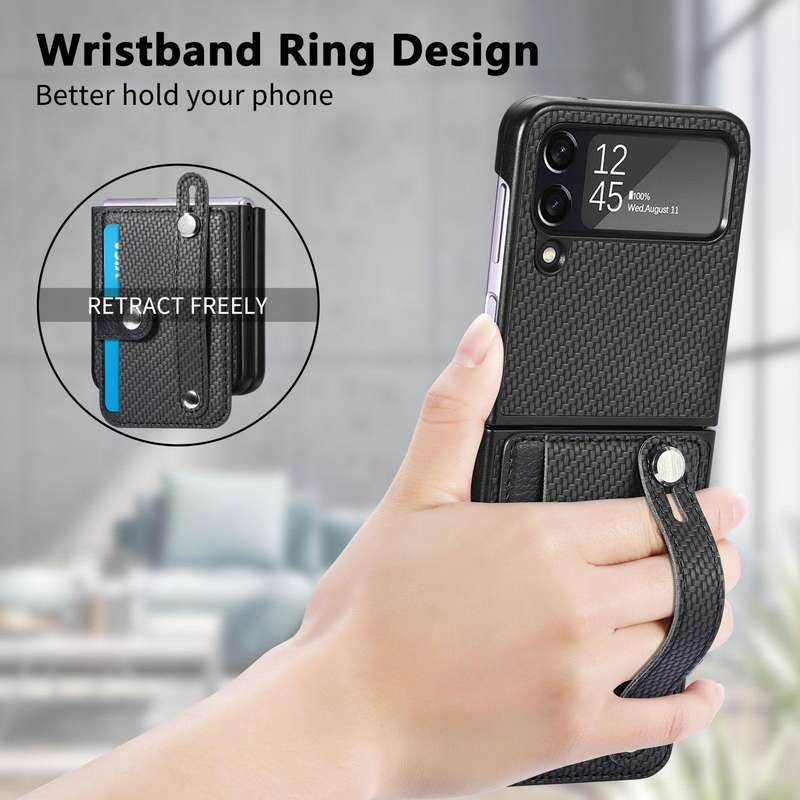 For Samsung Galaxy Z Flip 5G Wristband Kickstand Card Wallet Back Cover Phone Case(Black)