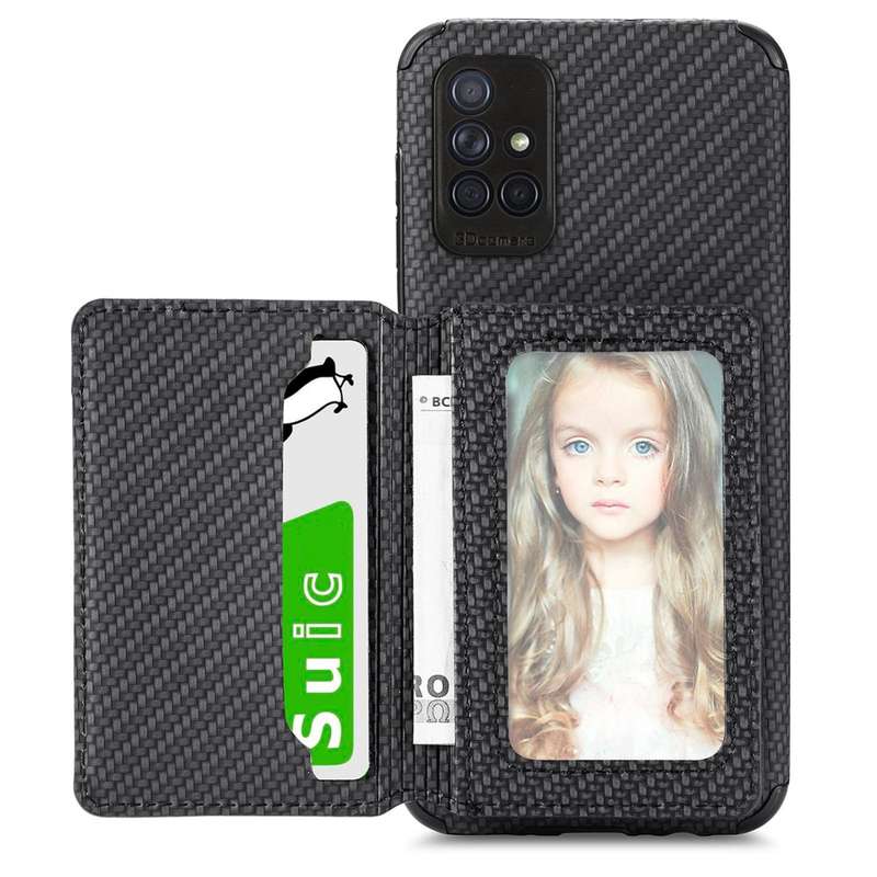 For Samsung Galaxy A71 5G Carbon Fiber Magnetic Card Bag TPU+PU Shockproof Back Cover Case with H...
