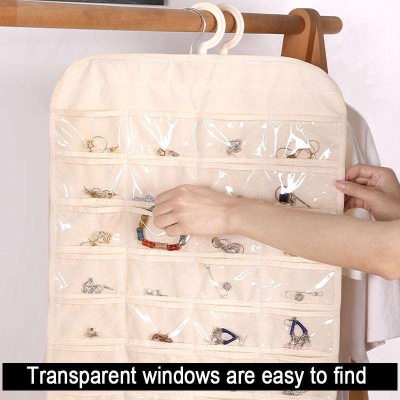 48-grid Jewelry Storage Hanging Bag Mon-woven Double-sided Jewelry Organizer Bag(White)