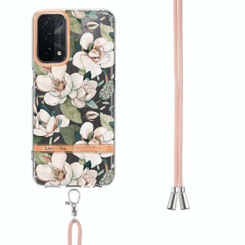 For OPPO A74 5G / A93 5G / A54 5G / A93S 5G Flowers Series TPU Phone Case with Lanyard(Green Gard...