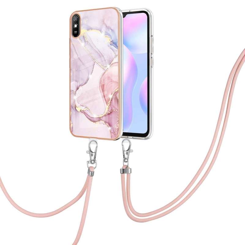 For Xiaomi Redmi 9A Electroplating Marble Pattern IMD TPU Shockproof Case with Neck Lanyard(Rose ...