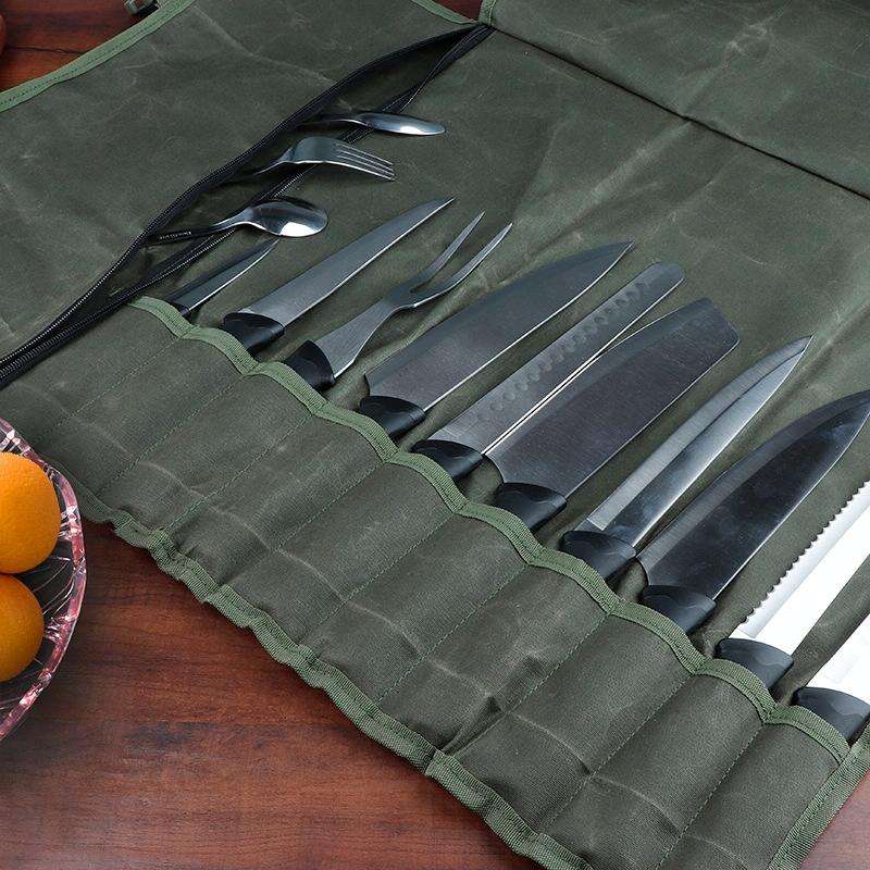 Oil Wax Canvas Roll Chef Knife Storage Bag(Army Green)