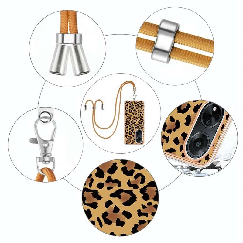 For OPPO A98 Electroplating Dual-side IMD Phone Case with Lanyard(Leopard Print)