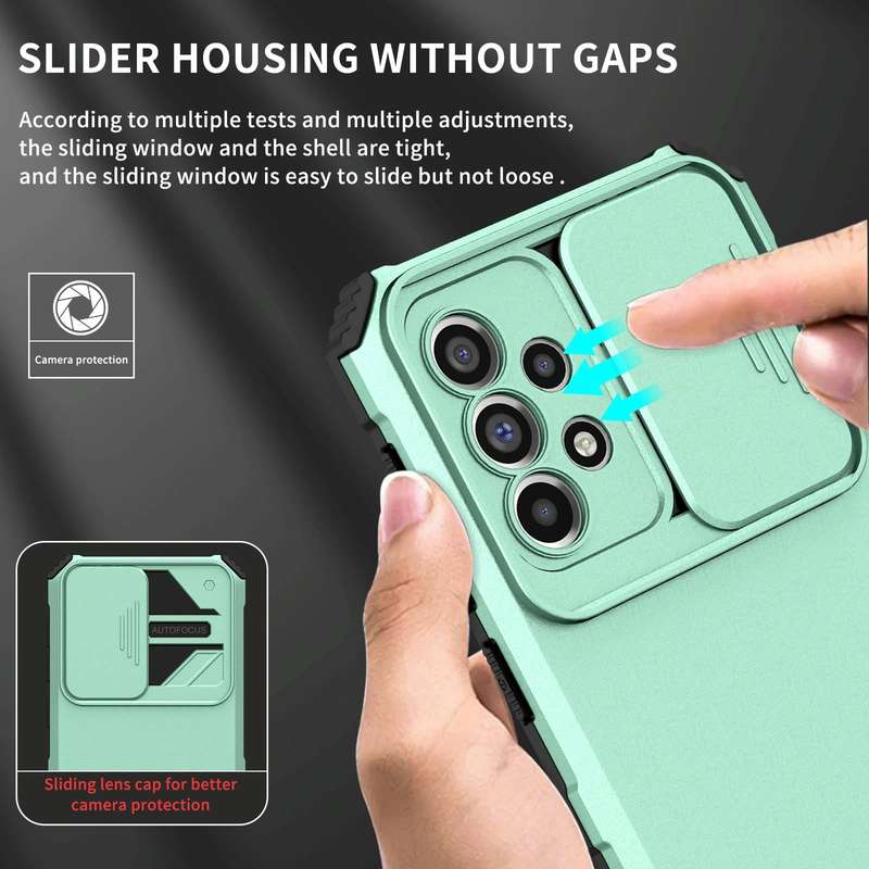 For Samsung Galaxy A33 5G Stereoscopic Holder Sliding Camshield Phone Case(Light Blue)