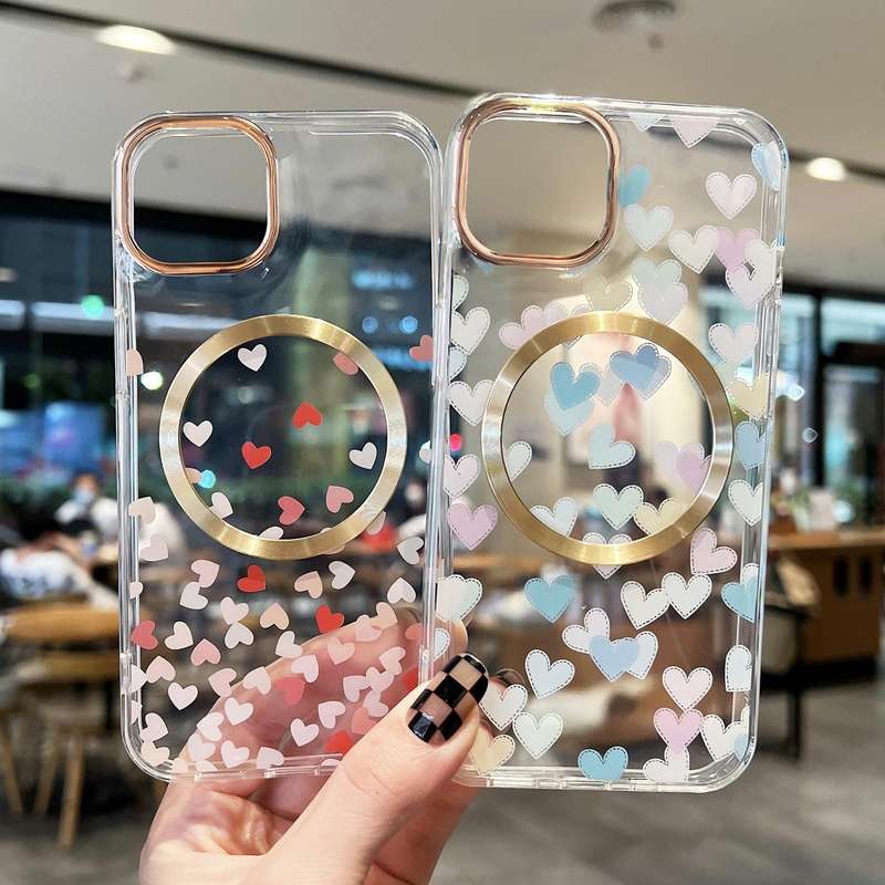 For iPhone 14 Plus Love Heart MagSafe Phone Case (Blue Pink)
