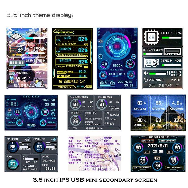 3.5 Inch IPS View All Computer Monitor USB Chassis Vice Screen Set 3 (Black)