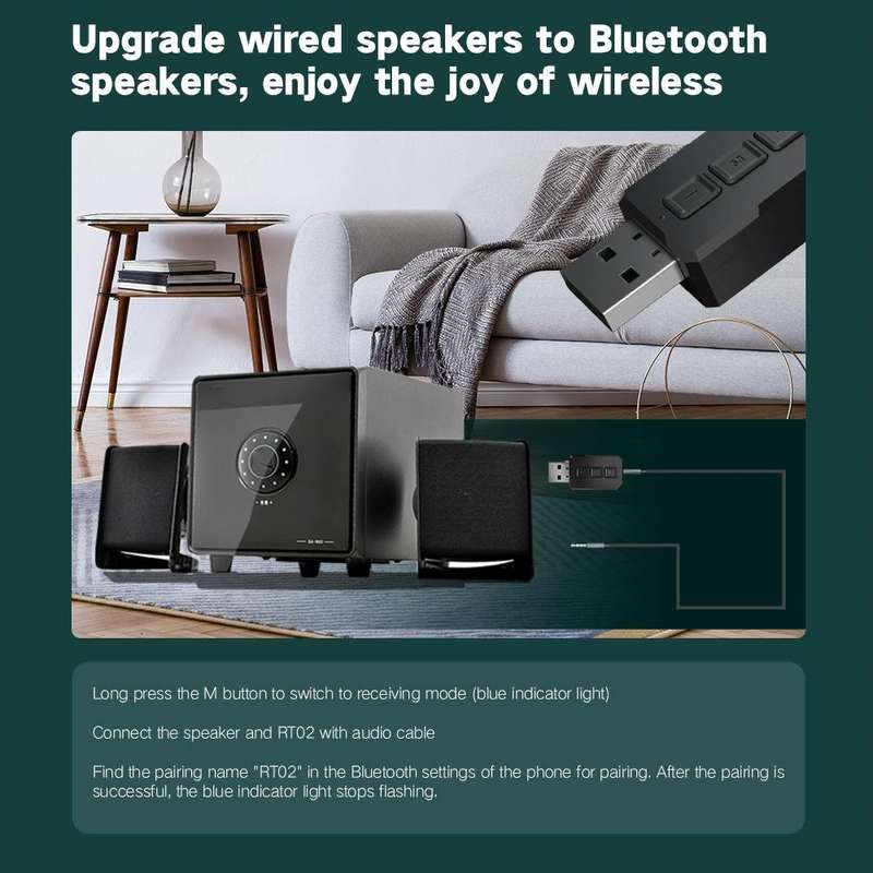 RT02 USB Bluetooth Audio Adapter Receives Transmits 2-in-1 Bluetooth 5.0 Hands-free Talk Car Blue...