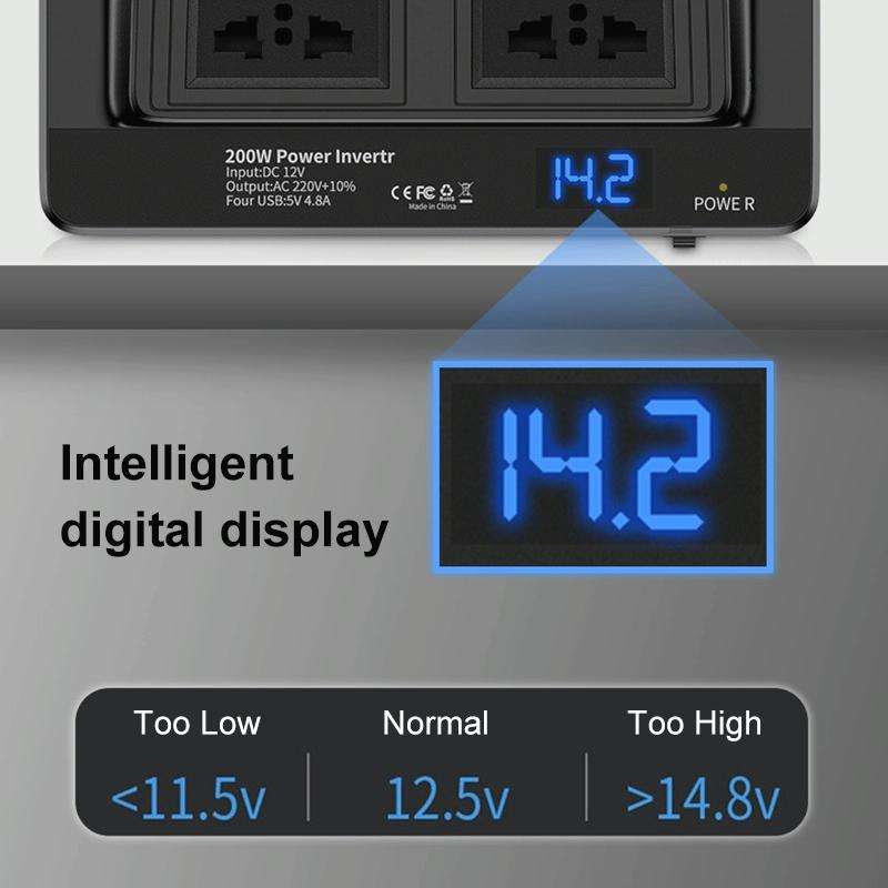DC12V 200W AC220V Car Smart Multi-functional Digital Display Inverter, EU Plug