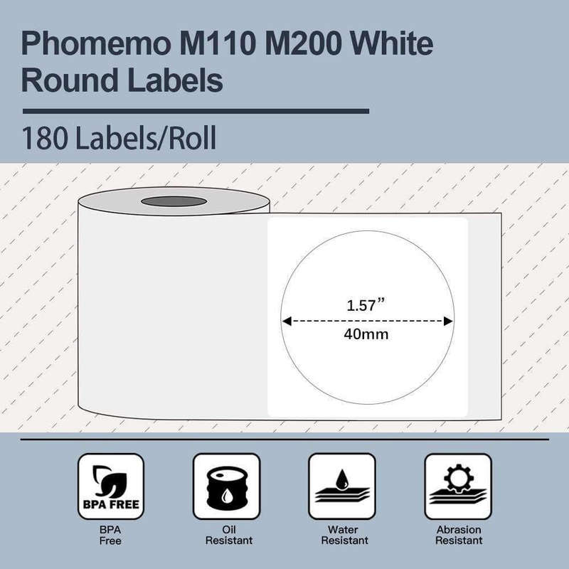 For Phomemo M110 / M200 180pcs /Roll 40x40mm Round Self-Adhesive Thermal Labels